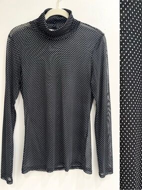Just Female Karin Rollneck Black White Polka Dot Semi Sheer Mesh Turtleneck Med